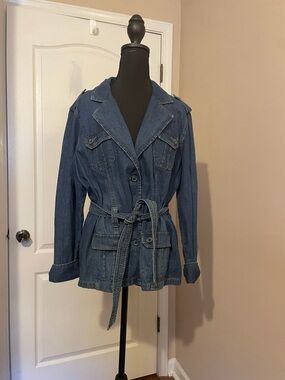 French Cuff Belted Denim Jacket XL Utility Safari Blazer Style 100% Cotton Blue